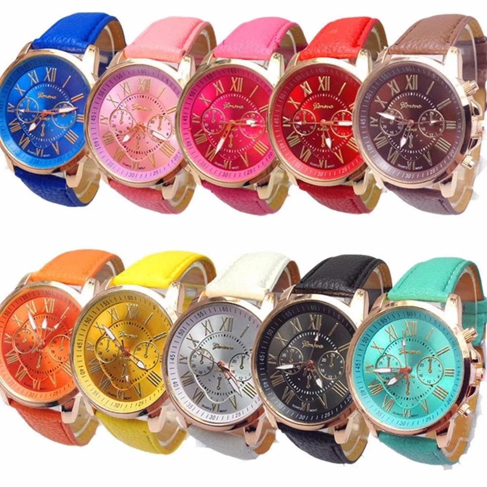 10pc Geneva Watch Women's Dress Clock Roman Numerals Faux Leather PU Leather Band Analog Watch Relogio Feminino