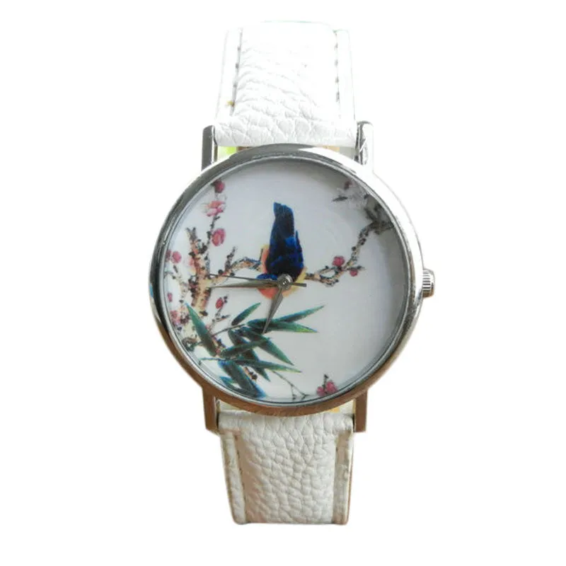 Best Quality Platinum Watch Women PU Leather wristwatch casual dress watch reloj ladies Bird Print Clocks Gifts