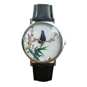 Best Quality Platinum Watch Women PU Leather wristwatch casual dress watch reloj ladies Bird Print Clocks Gifts