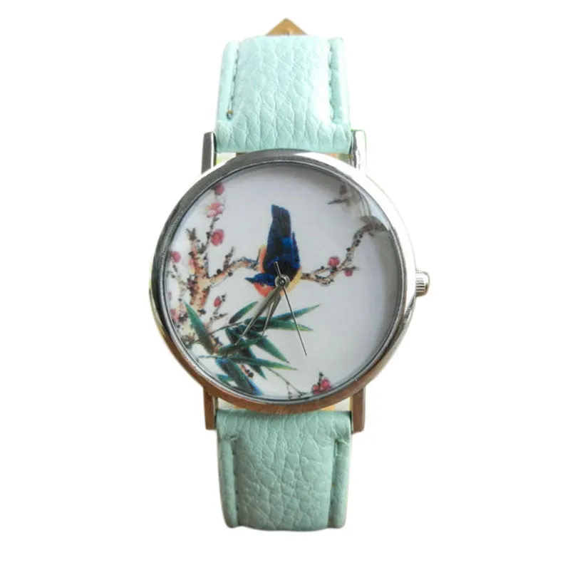 Best Quality Platinum Watch Women PU Leather wristwatch casual dress watch reloj ladies Bird Print Clocks Gifts