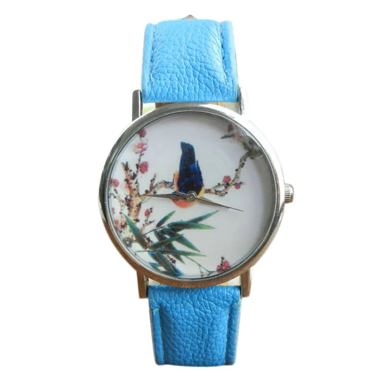 Best Quality Platinum Watch Women PU Leather wristwatch casual dress watch reloj ladies Bird Print Clocks Gifts