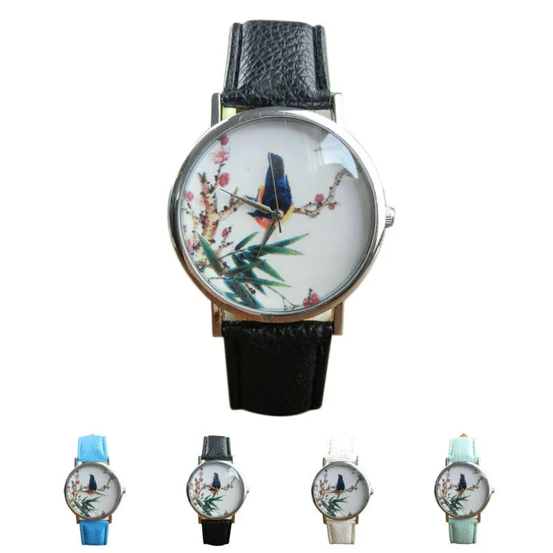 Best Quality Platinum Watch Women PU Leather wristwatch casual dress watch reloj ladies Bird Print Clocks Gifts