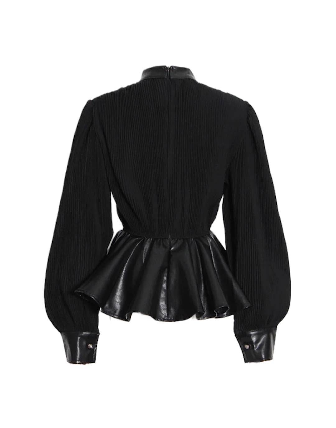 Black PU Leather Ruffle Pleated Top