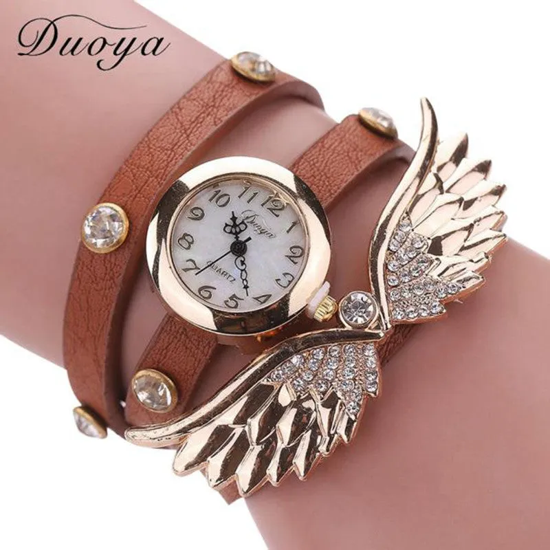 Bracelet Watch Rhinestone Crystal Relogio Feminino Wing Pattern PU Leather Band Dress Clock Gift