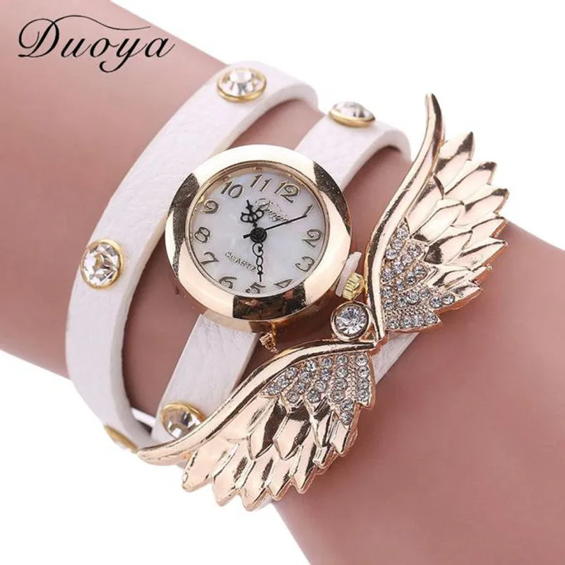 Bracelet Watch Rhinestone Crystal Relogio Feminino Wing Pattern PU Leather Band Dress Clock Gift