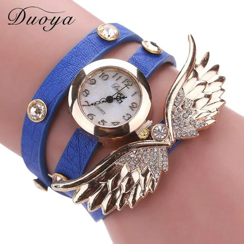 Bracelet Watch Rhinestone Crystal Relogio Feminino Wing Pattern PU Leather Band Dress Clock Gift