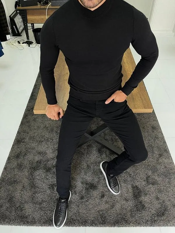 Casani Black Slim Fit Mock Turtleneck Sweater