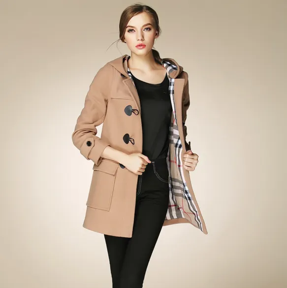 Classic Women’s Duffle Coat with Hood and Plaid Lining