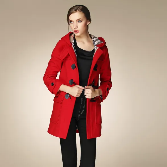 Classic Women’s Duffle Coat with Hood and Plaid Lining