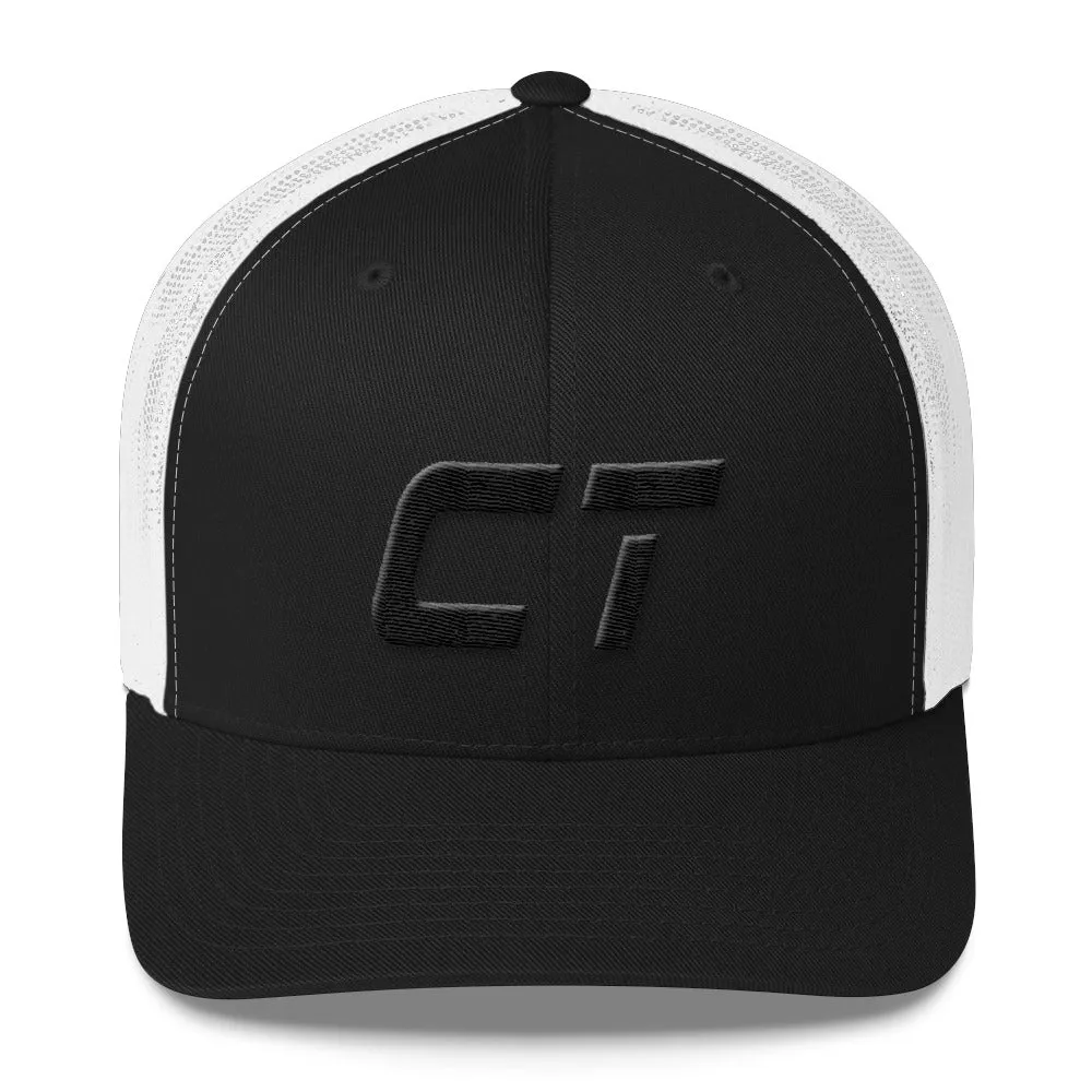 Connecticut - Mesh Back Trucker Cap - Black Embroidery - CT - Many Hat Color Options Available