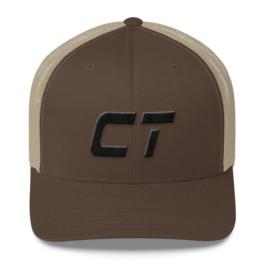 Connecticut - Mesh Back Trucker Cap - Black Embroidery - CT - Many Hat Color Options Available