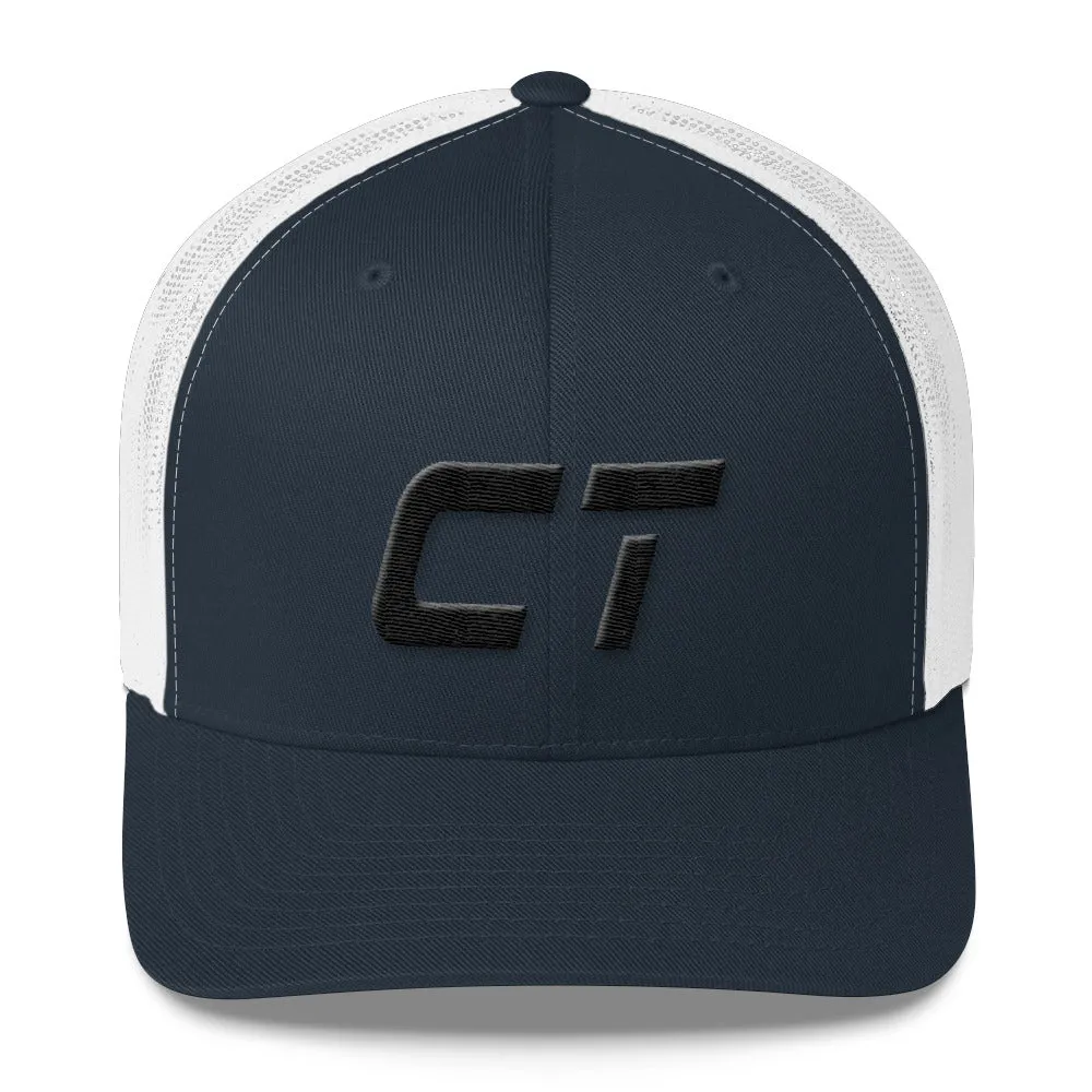 Connecticut - Mesh Back Trucker Cap - Black Embroidery - CT - Many Hat Color Options Available