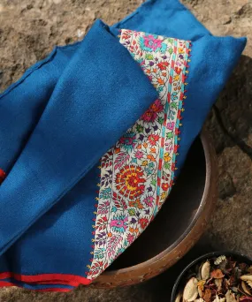 Dark Blue Pure Pashmina Scarf With Applique Border In Kalamkari