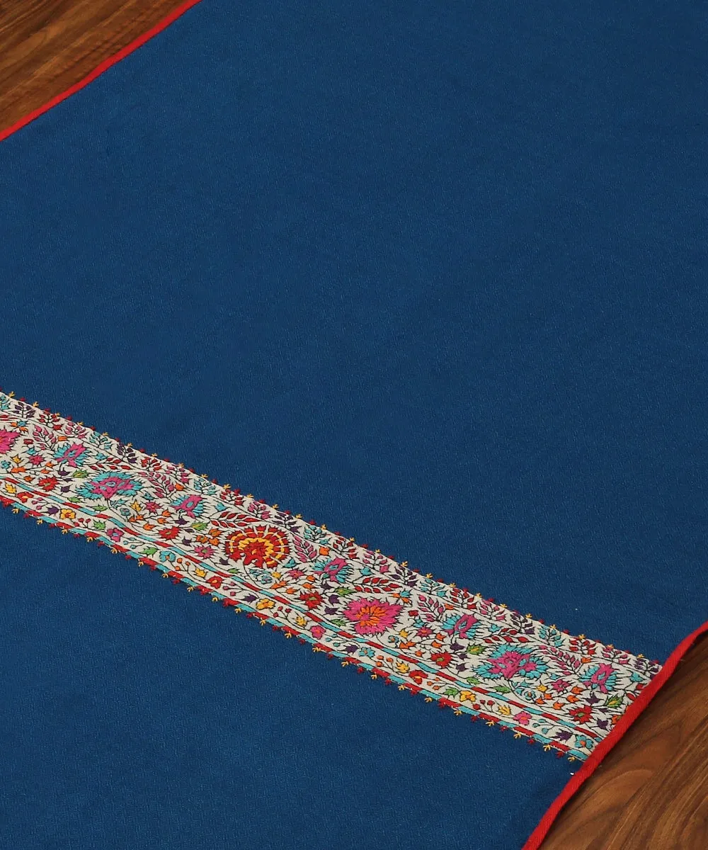 Dark Blue Pure Pashmina Scarf With Applique Border In Kalamkari