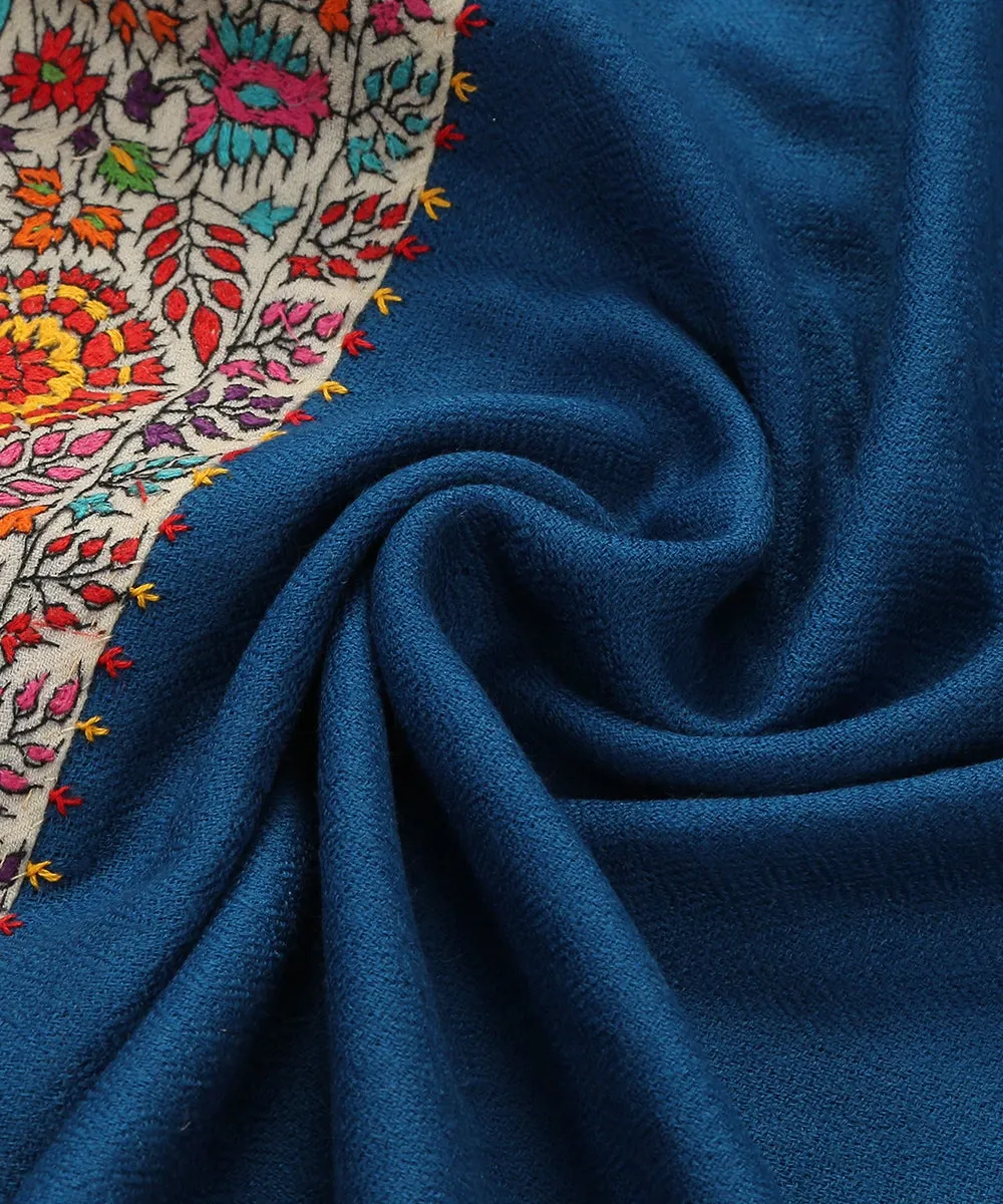 Dark Blue Pure Pashmina Scarf With Applique Border In Kalamkari