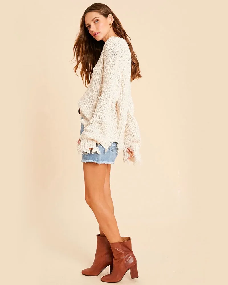 Distressed Hem Popcorn Yarn Knit V-Neck Sweater - Natural