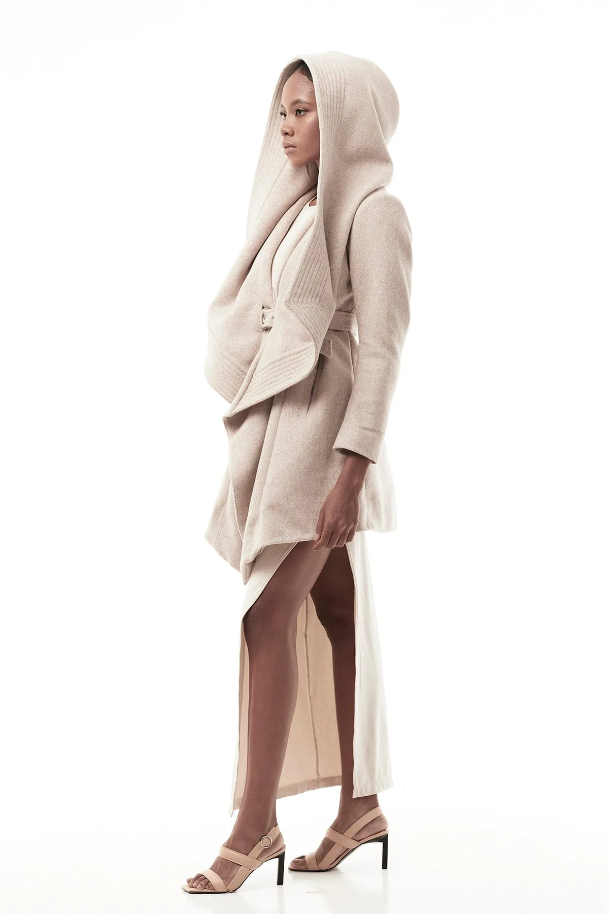 DRAPED HOOD COAT IN BONE