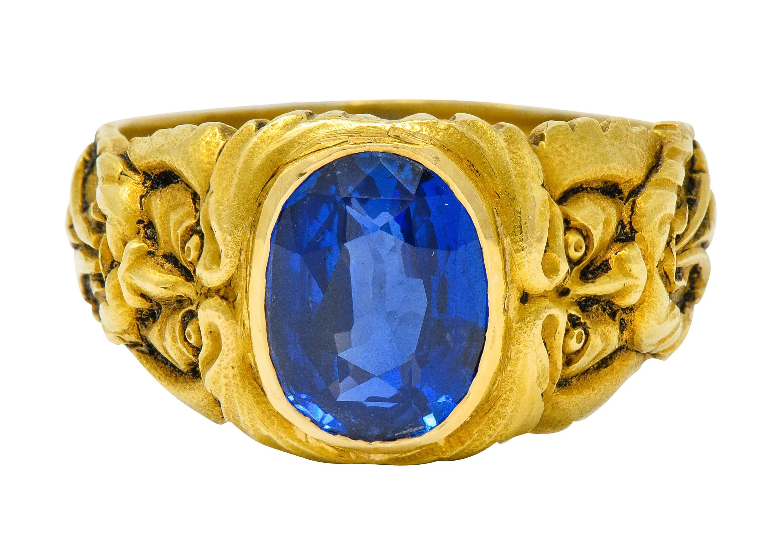 French Victorian 3.00 CTW No Heat Burma Sapphire 18 Karat Gold Anemoi God Of Wind Ring GIA