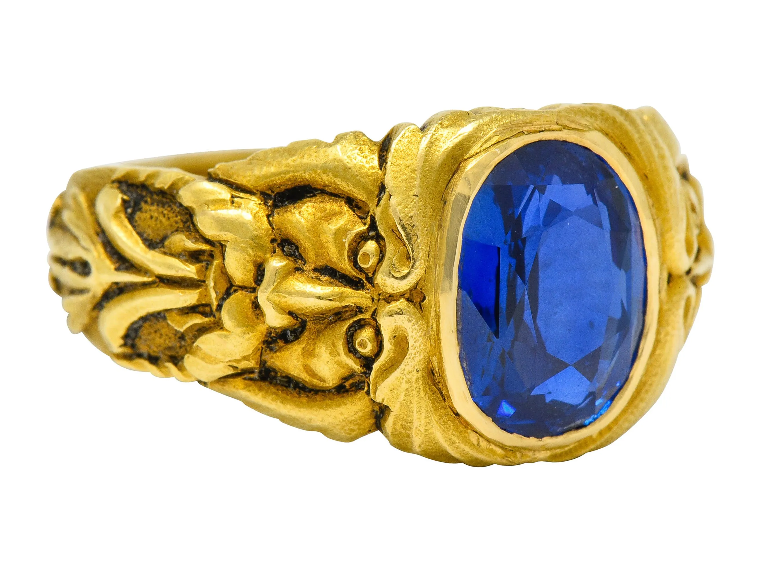 French Victorian 3.00 CTW No Heat Burma Sapphire 18 Karat Gold Anemoi God Of Wind Ring GIA