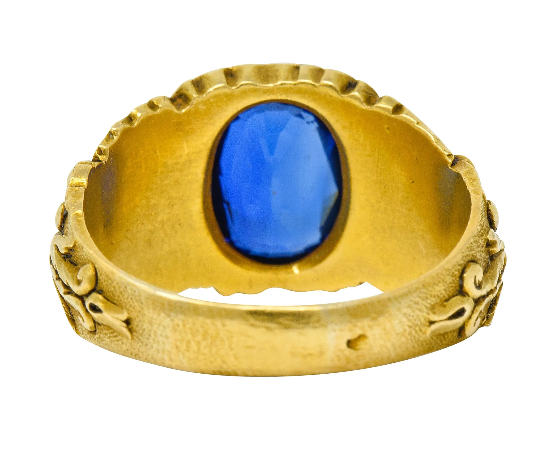 French Victorian 3.00 CTW No Heat Burma Sapphire 18 Karat Gold Anemoi God Of Wind Ring GIA