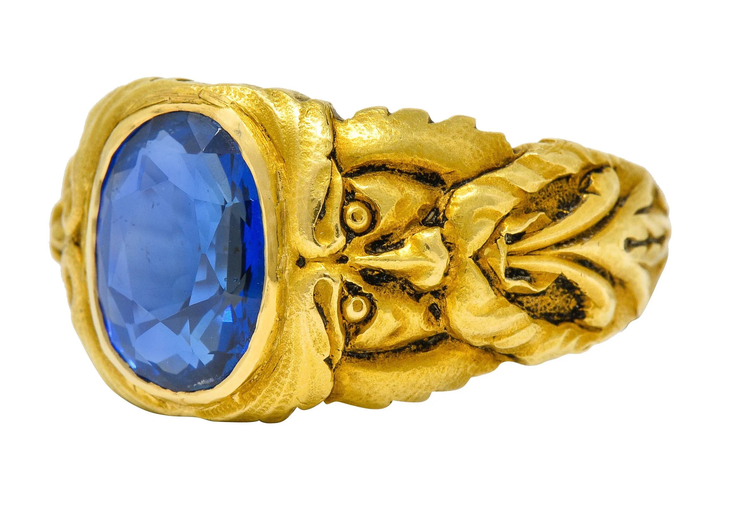 French Victorian 3.00 CTW No Heat Burma Sapphire 18 Karat Gold Anemoi God Of Wind Ring GIA