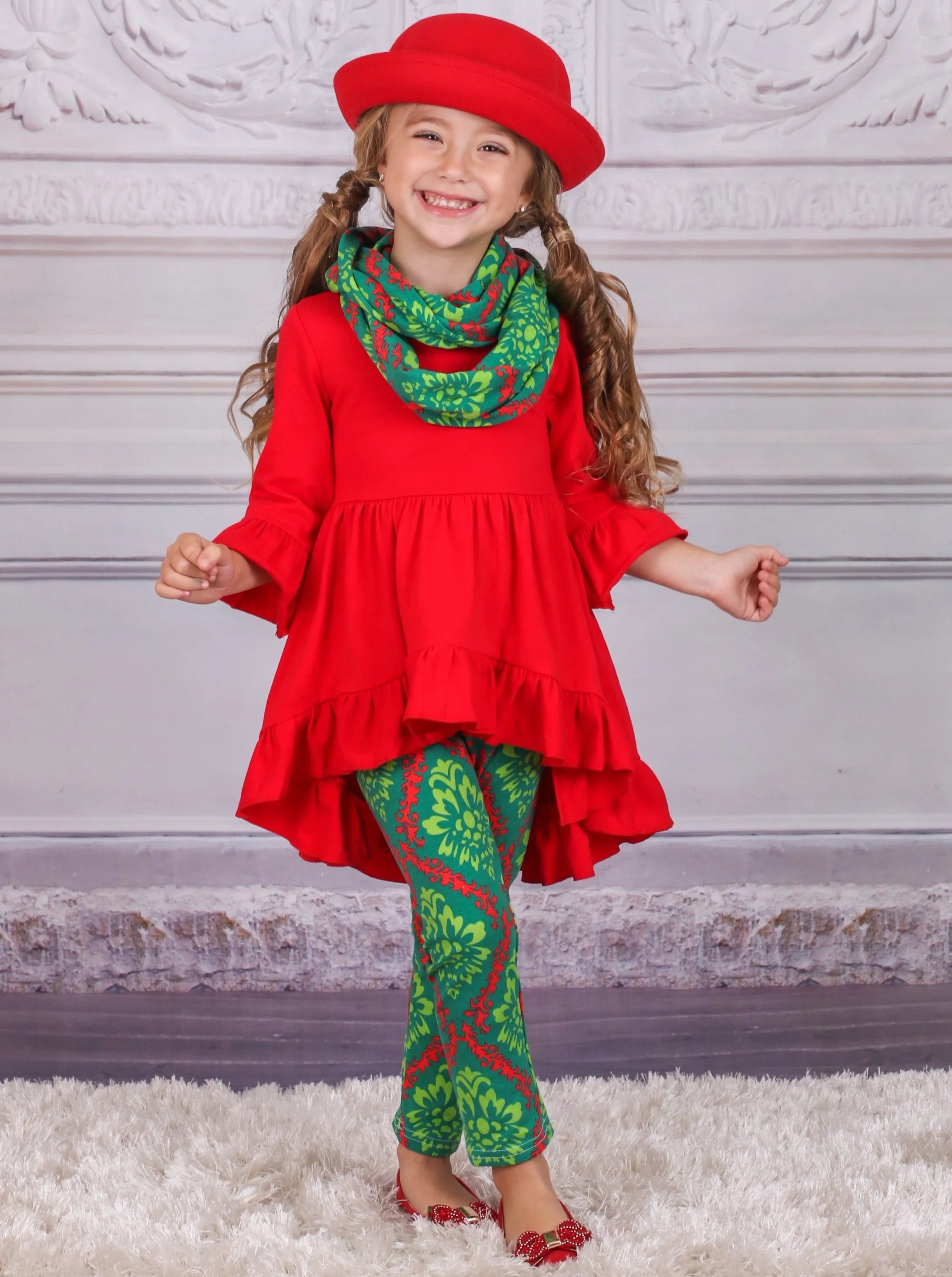 Girls Red Ruffled Tunic And Green And Red Christmas Leggings + Scarf Set