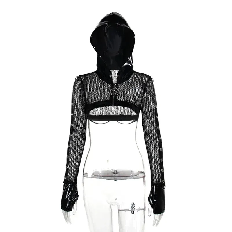 Gothic Lace Vintage Long Sleeve Pu Leather Mesh Top