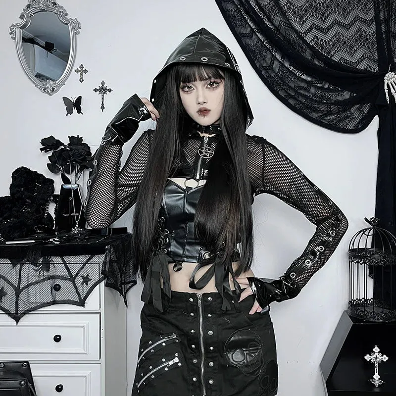 Gothic Lace Vintage Long Sleeve Pu Leather Mesh Top