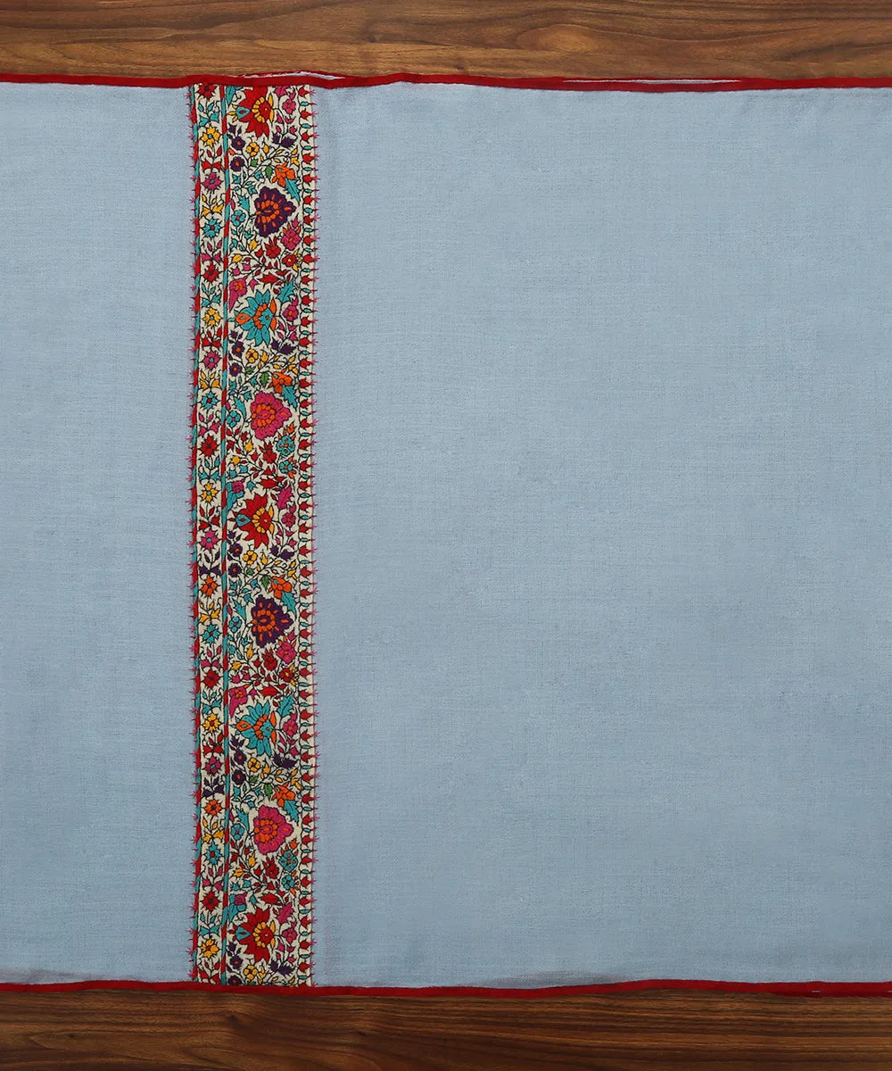 Ice Blue Pure Pashmina Scarf With Applique Border In Multicolor Kalamkari