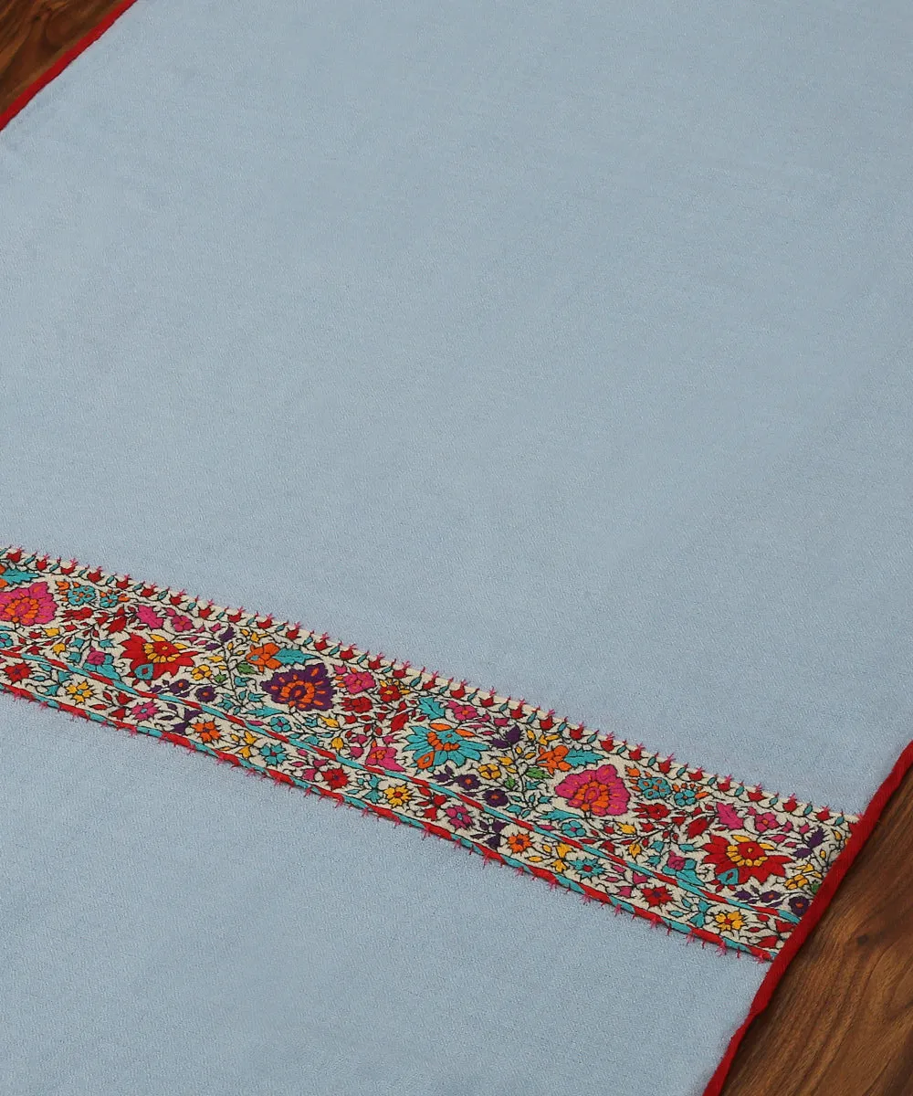 Ice Blue Pure Pashmina Scarf With Applique Border In Multicolor Kalamkari