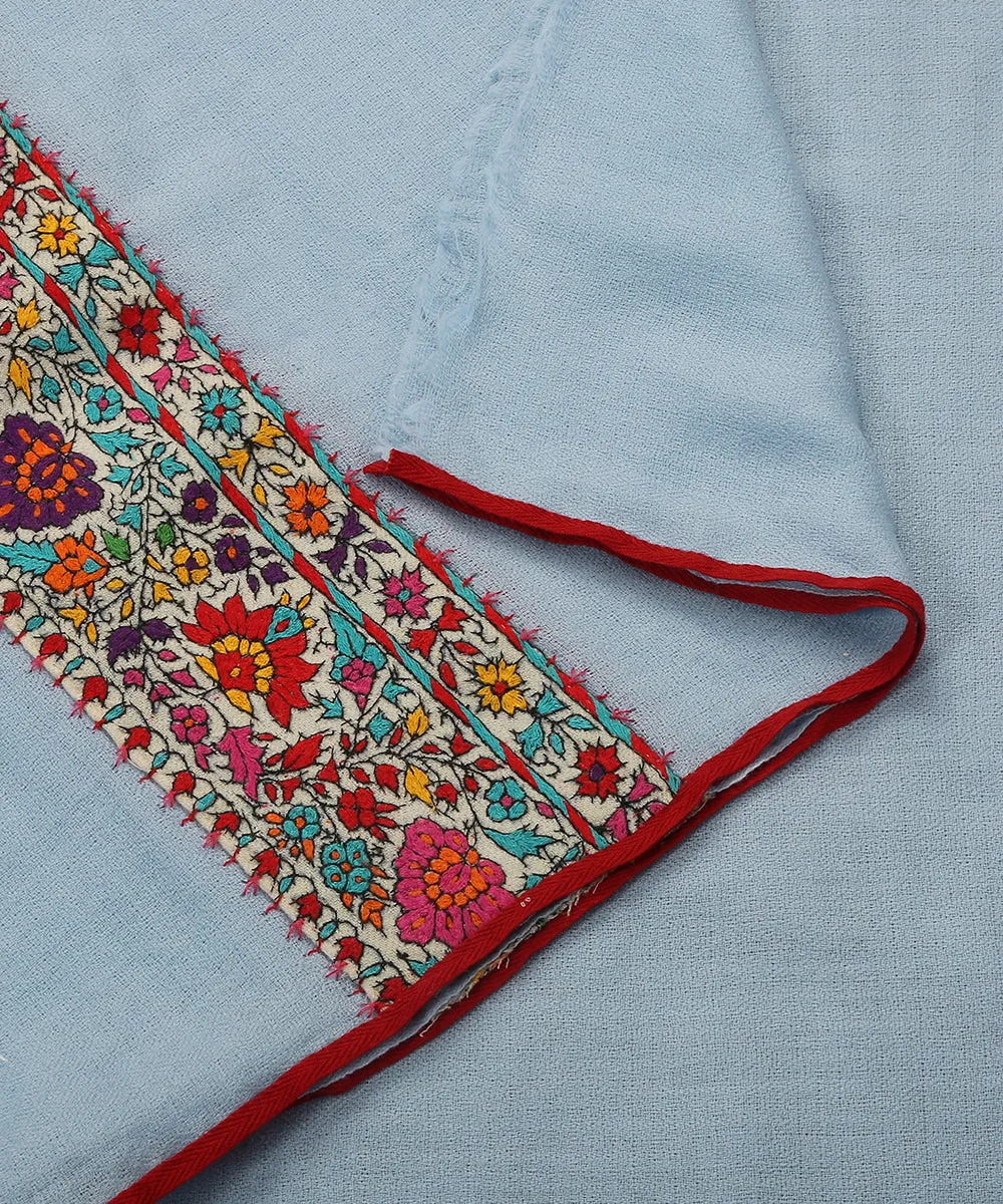 Ice Blue Pure Pashmina Scarf With Applique Border In Multicolor Kalamkari