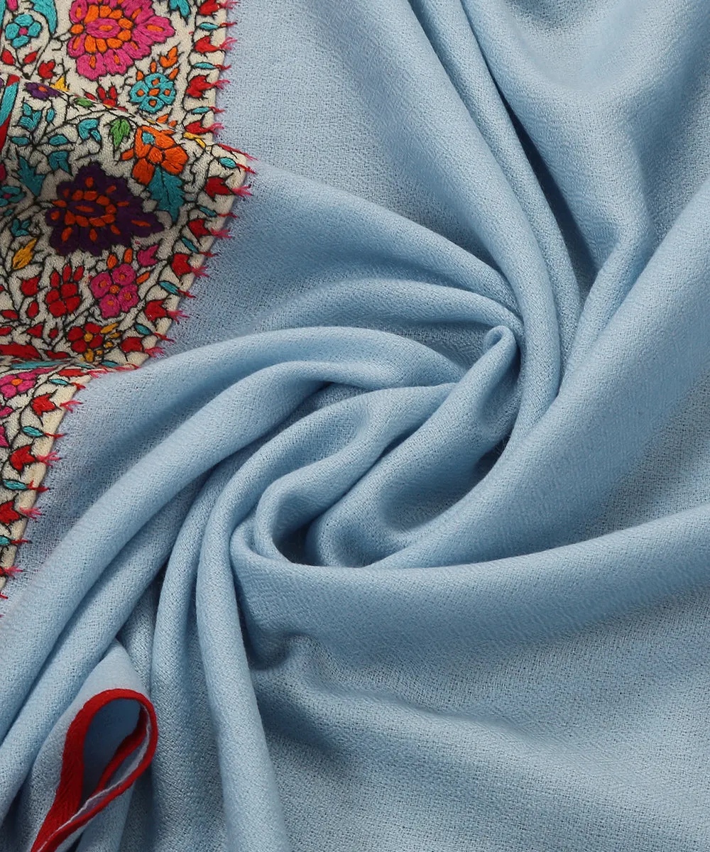 Ice Blue Pure Pashmina Scarf With Applique Border In Multicolor Kalamkari