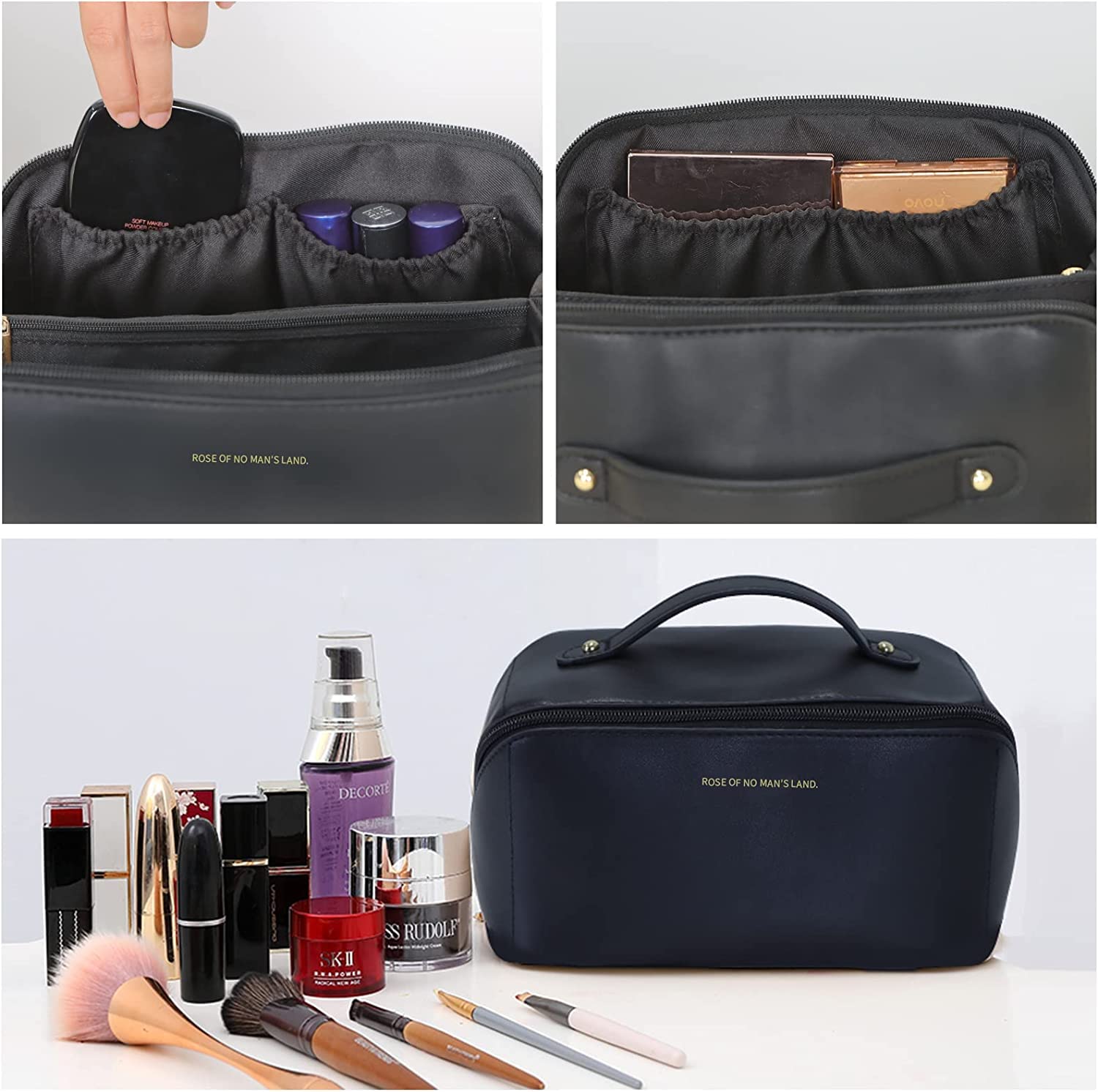 Large Travel Cosmetic Bag Portable Make up Makeup Bag Waterproof PU Leather Storage Black