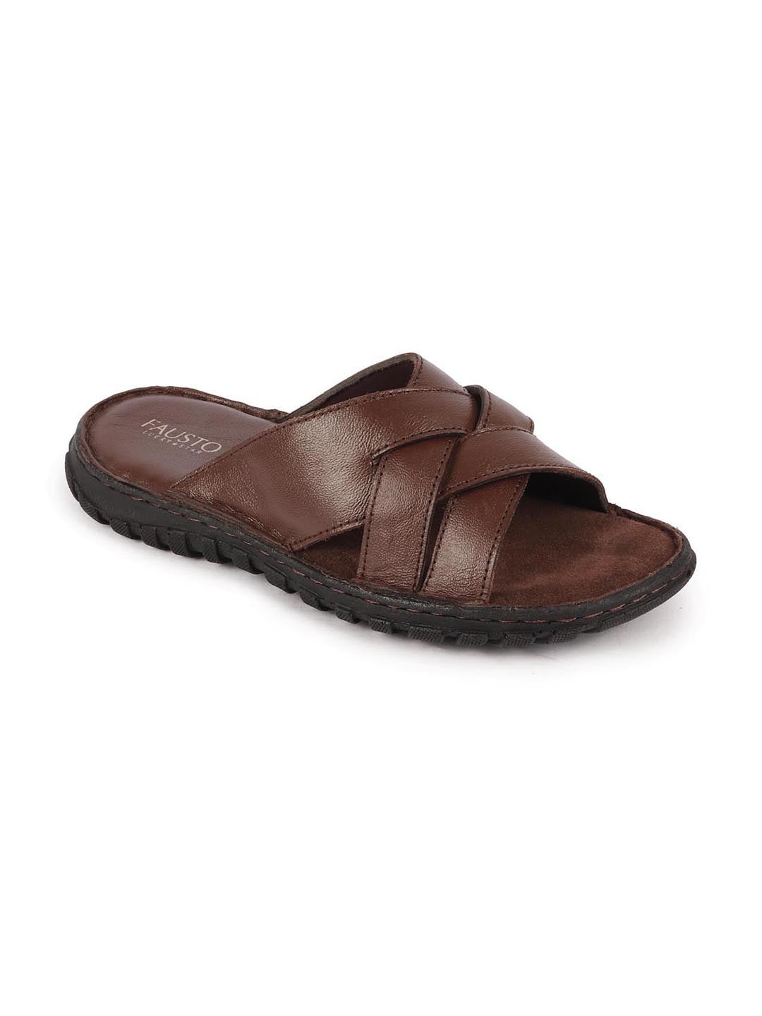 Men Brown Genuine Leather Multi Cross Strap Open Toe Suede Leather Insole Slippers