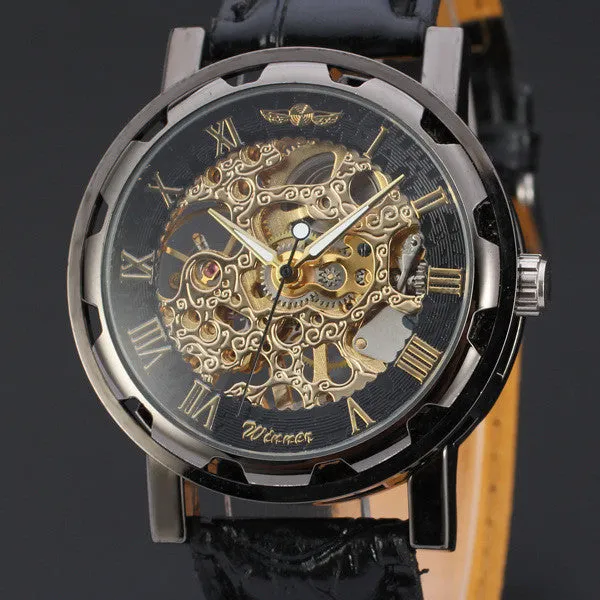 Men Watch Top Luxury Classic PU Leather Dial Skeleton Mechanical Military Army Relogio Masculino Watch