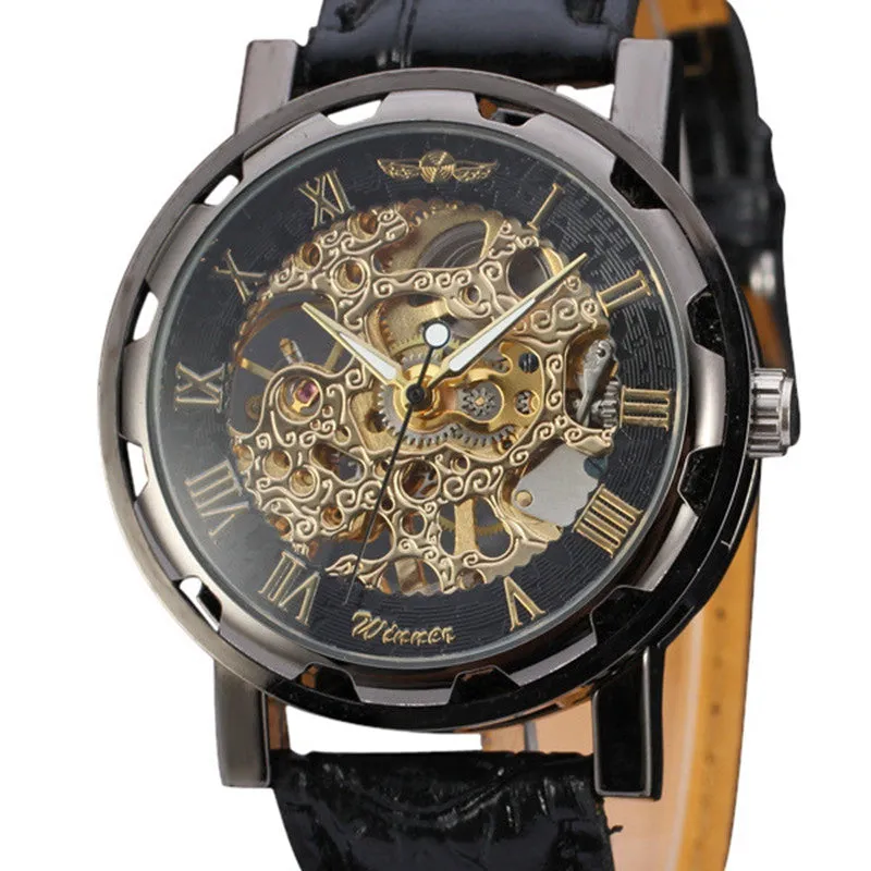 Men Watch Top Luxury Classic PU Leather Dial Skeleton Mechanical Military Army Relogio Masculino Watch