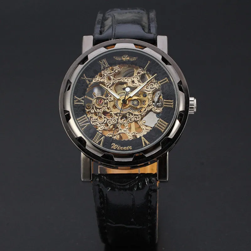 Men Watch Top Luxury Classic PU Leather Dial Skeleton Mechanical Military Army Relogio Masculino Watch