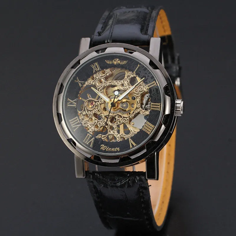 Men Watch Top Luxury Classic PU Leather Dial Skeleton Mechanical Military Army Relogio Masculino Watch