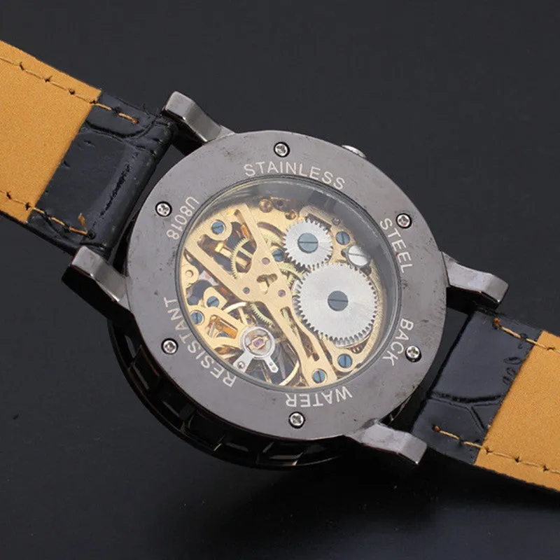 Men Watch Top Luxury Classic PU Leather Dial Skeleton Mechanical Military Army Relogio Masculino Watch