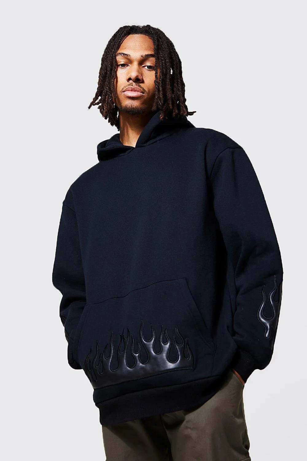 Oversized Pu Leather Flame Hoodie | boohooMAN UK