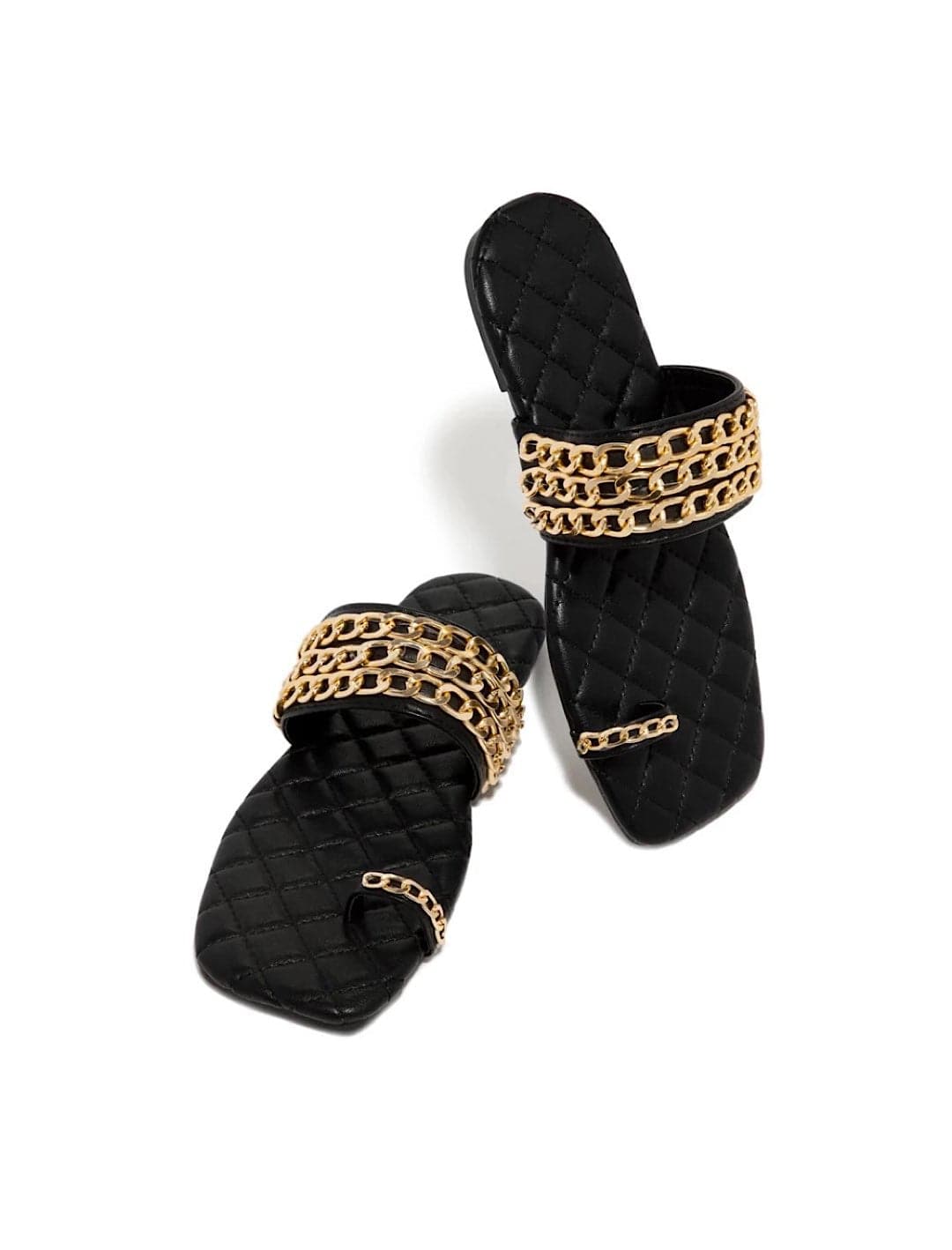 Pu Leather Chain Detailed Flat Slides