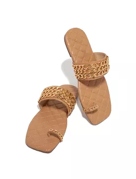 Pu Leather Chain Detailed Flat Slides