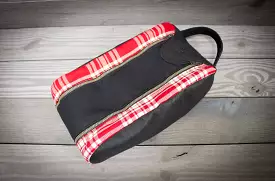 Red and White Menzies Tartan and Black Leather Shoe Bag