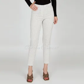 Robell Bella 09 - 7/8 Cropped Slim Fit Stripe Trouser 52483-54375-14 (Beige / White)