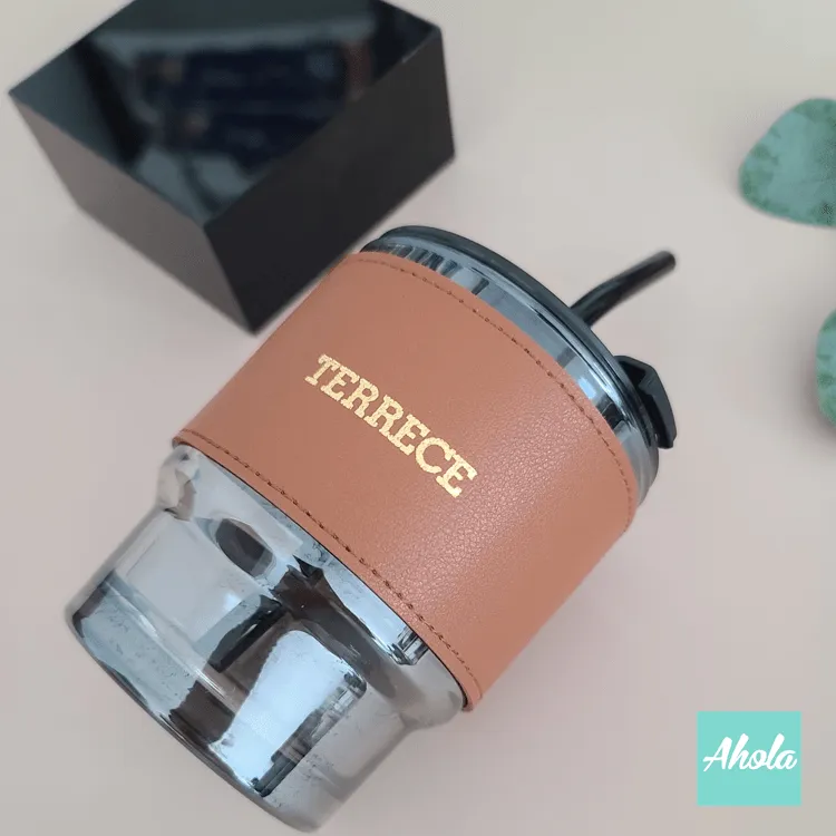 【Sero】Personalized PU Leather Glass Sleeve Tumbler with Glass Straw/Plastic Lid 燙字皮套玻璃杯連杯蓋/飲管