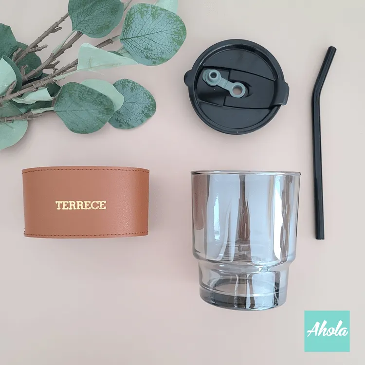 【Sero】Personalized PU Leather Glass Sleeve Tumbler with Glass Straw/Plastic Lid 燙字皮套玻璃杯連杯蓋/飲管