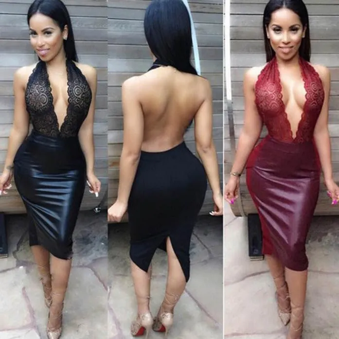 Sexy Women's Dress Pinup Girls Backless Bandage Bodycon Club Dress Vestido de festa PU Leather Robe