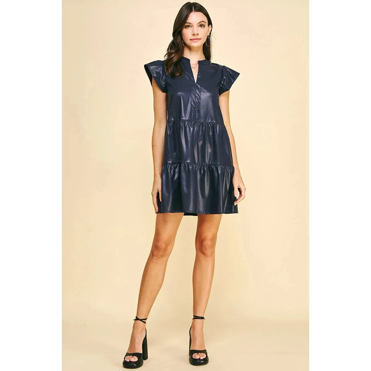 Sofia Deep Navy Pu Leather PINCH Mini Dress-SALE