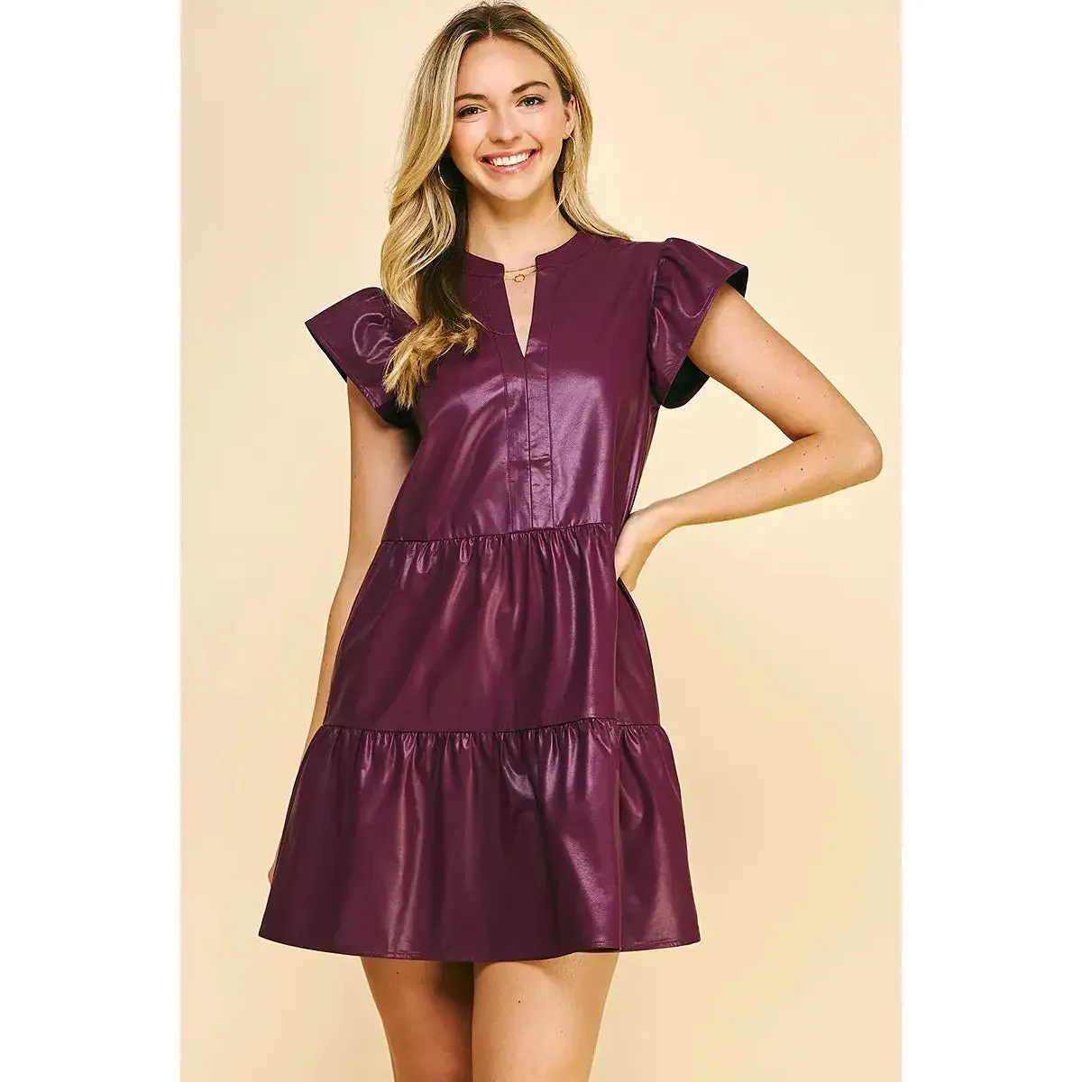 Sofia Eggplant Pu Leather PINCH Mini Dress-SALE