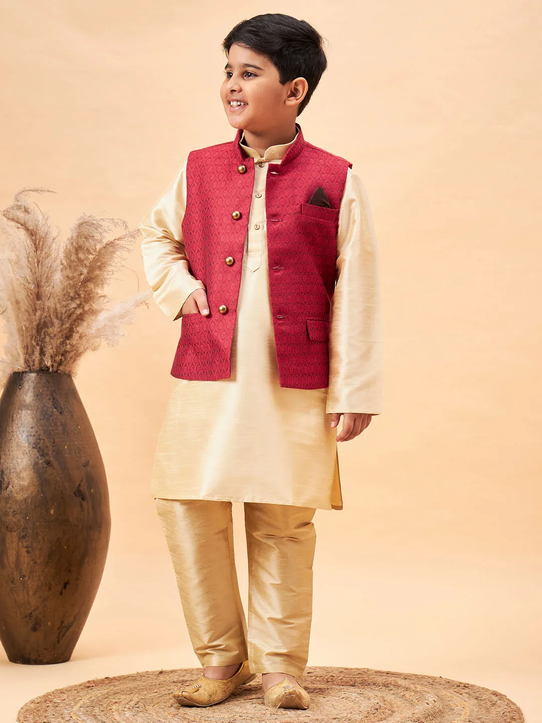 VASTRAMAY Boy's Maroon Woven Jacket With Gold Kurta and Pyjama Set